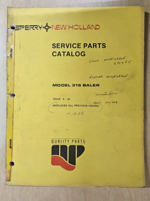 Sperry New Holland Service Parts Catalog,  Model 316 Baler,  1985 Issue, tape on