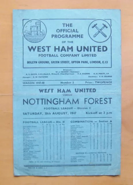 WEST HAM UNITED v NOTTINGHAM FOREST 1947/1948 Good Condition Football Programme