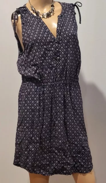 Lucky Brand Boho Batik Drop Waist Cinched Dress, Pockets, Navy & White, Sz Med 2