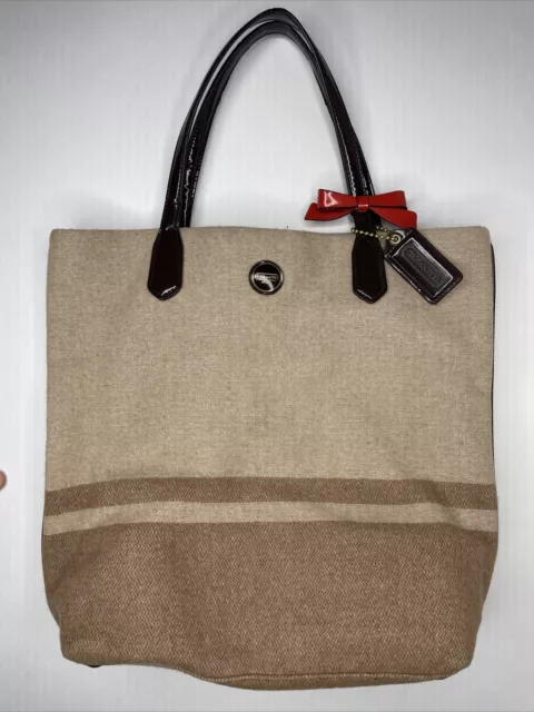 Coach Stripe North South Beige Wool Tote Bag F24665 Red Bow