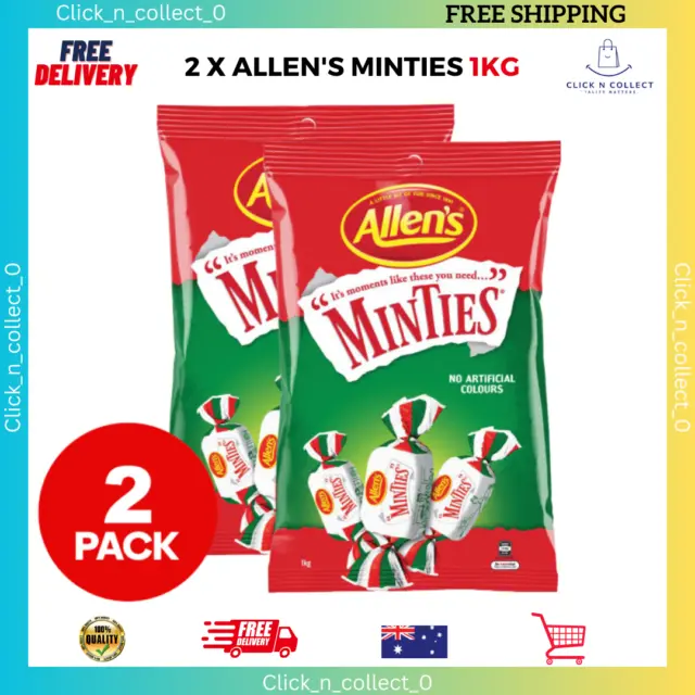 2x 1kg Allens Minties Breath Mints Lolly Fresh Minty Chewy Snack Share Treat