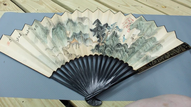 Vintage Rehan China Painted Calligraphy Lacquer Wood Fan