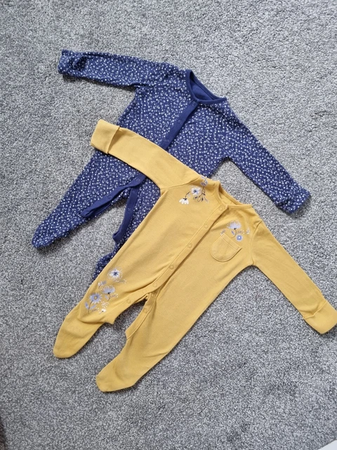 Baby Girls Babygrow Bundle 0-3 Months Mustard Yellow Blue Floral sleepsuits m