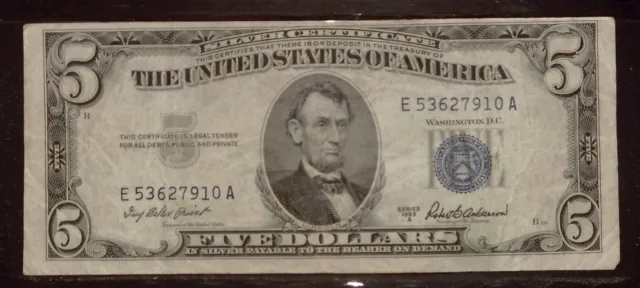 1953A $5 Silver Certificate Note | VF |  Blue Seal | E53627910A