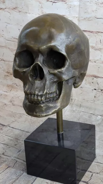 Bronze Metal Skull Skeleton Head Statue Sculpture on Marble Base Original Art