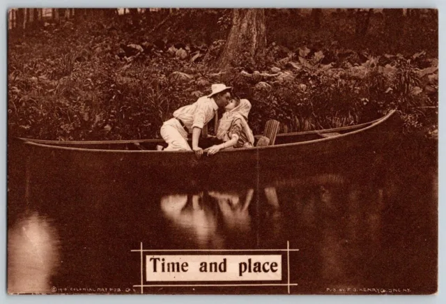 Postcard~ Love & Romance~ Couple Kissing In A Boat~ 1910 Oswego, NY Cork Cancel