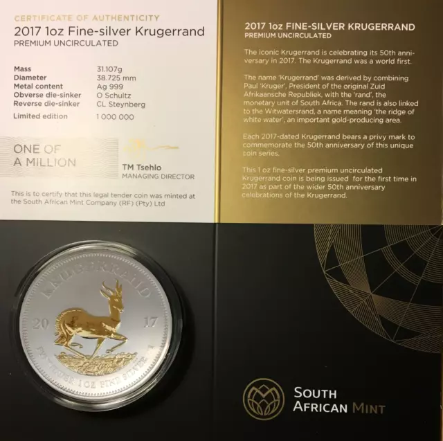 2017 Gilded Silver Krugerrand 1Oz .999 50th Anniversary Edition