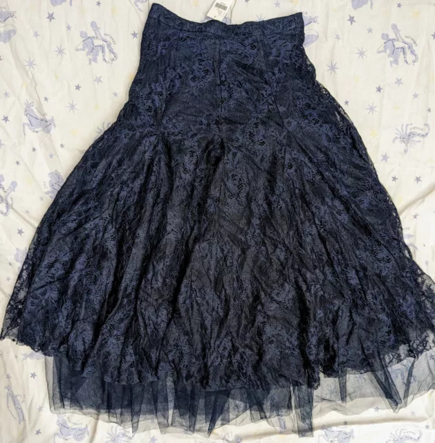NWT Anthropologie Layered Floral Design Midi Navy Blue Skirt Size XXS MSRP $178