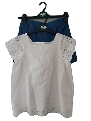 Bnwt Age 10Yrs White Summer Blouse Top And Denim Style Shorts Set