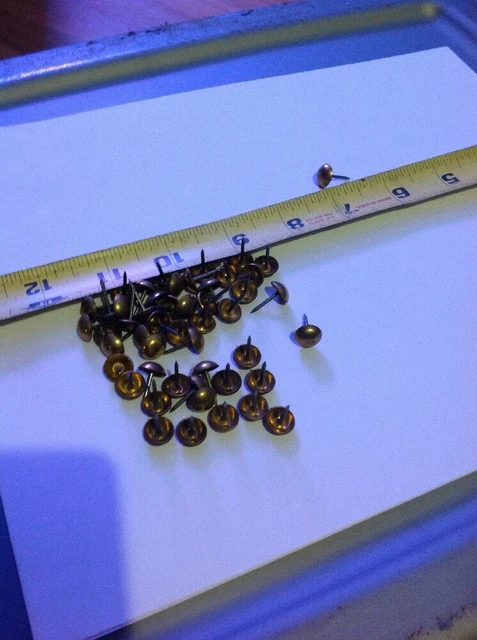 50 old BRASS COLOR TACKS 9/16” Long  head nails vintage upholstery gilt steel