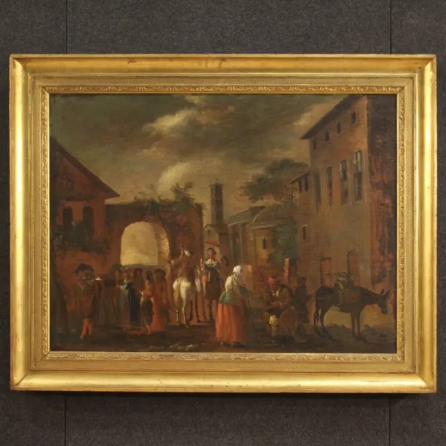 Pintura antigua escena de genero cuadro popular oleo sobre lienzo siglo XVIII