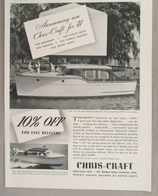 CHRISCRAFT BOAT PRINT AD 1940 de luxe cruiser EUR 11,04 PicClick FR