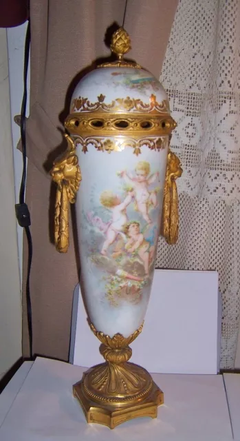 antique French Sevres HP cupids Porcelain urn 13 in dore bronze but lid crack