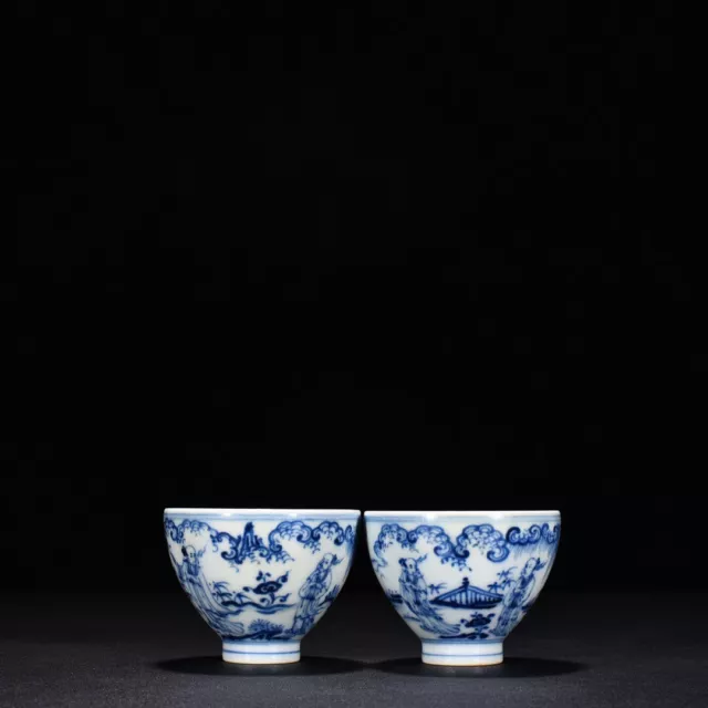 3.0" china antique ming dynasty xuande mark porcelain a pair figure pattern cup