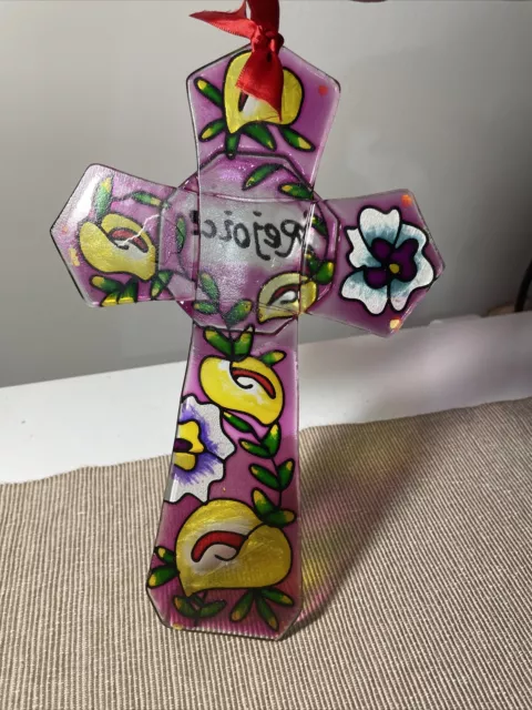 Stained Glass Window Sun catcher Cross Hand Painted Wall Hanging