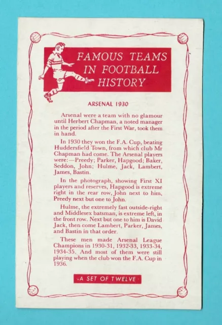 Fussball - D. C. Thomson - Fussballmannschaftskarte - Arsenal Von 1930 - 1961 2