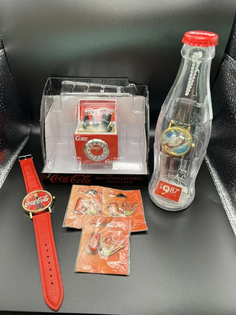 Rare Coca-Cola Collectible Bundle Wristwatch, Mini Ice Chest Clock, Olympic Pins