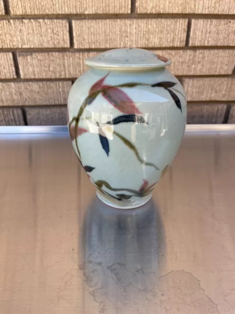 Glenn Burris Pottery Ginger Jar Lidded Vase Blue Lavender Stems Design Signed