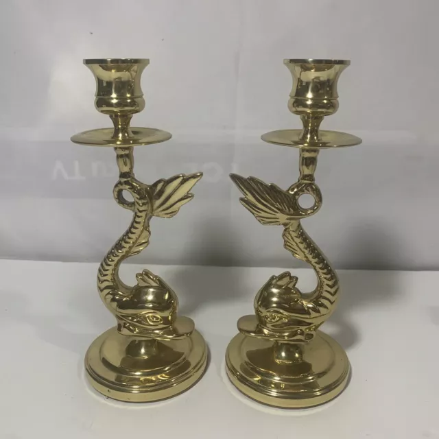 (2) Vintage Baldwin 8" Solid Brass Koi Fish Dolphin Candlestick Holders