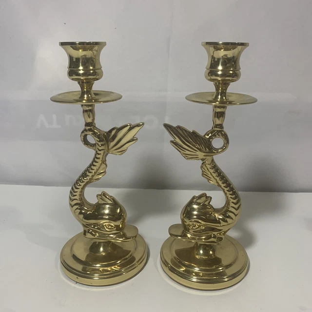 (2) Vintage Baldwin 8" Solid Brass Koi Fish Dolphin Candlestick Holders