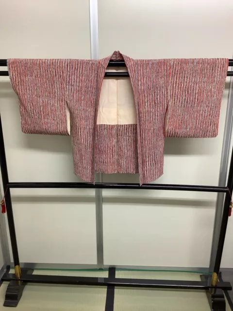 Giacca Kimono Haori vintage giapponese in pura seta a strisce rosse Altezza...