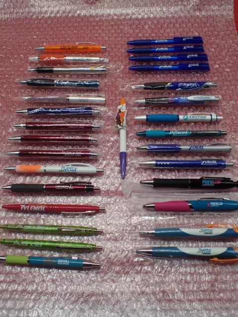 Lot of 30 Drug Rep PENS Retired Metal Plastic  Zoloft Zomig Yaz Evista Pevacid +