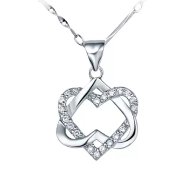 Plata Ley Cz Doble Flotante Retorcido Nudo Corazón Amor Collar Infinito