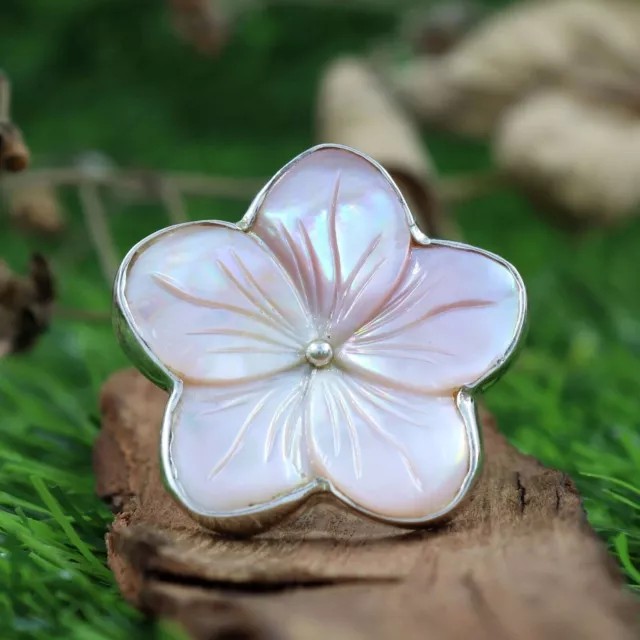 Carved Flower Mother of Pearl Shell 925 Sterling Silver Statement Ring for Women