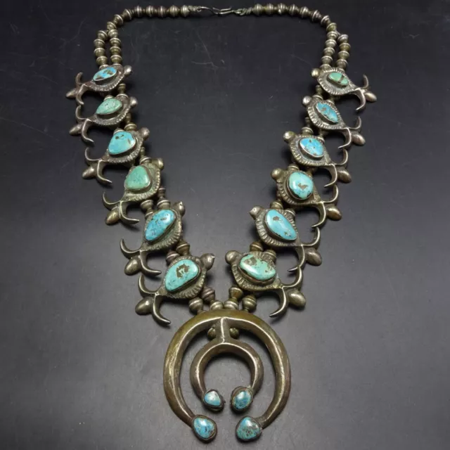 OLD PAWN 1930s Turquoise SQUASH BLOSSOM NECKLACE Cast Sterling/Coin Double Naja