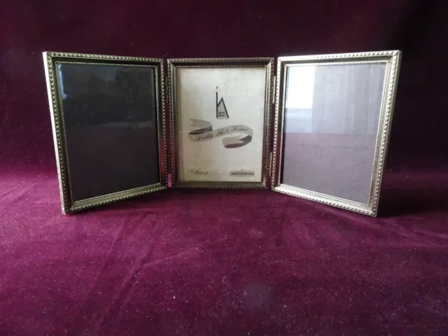Vintage Ornate Gold Metal Triple Hinged Photo Picture Frame, Mid Century Modern