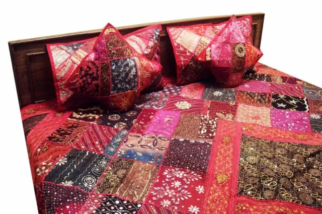 5 Pc Red Exotic Sari Beads Kundan Throw Branded Bedspread Coverlet Blanket Quilt