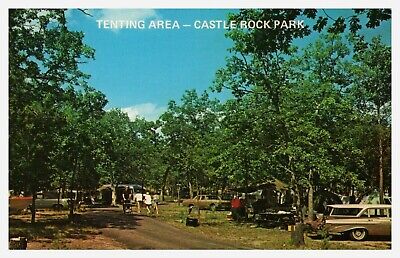 Postcard WI Tenting Area Camping Cars People View Castle Rock Park Wisconsin