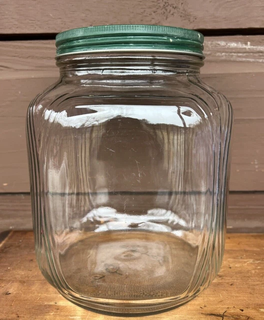Vintage Ribbed Hoosier Glass Cannister Jar with Screw On Lid - Duraglas 8"