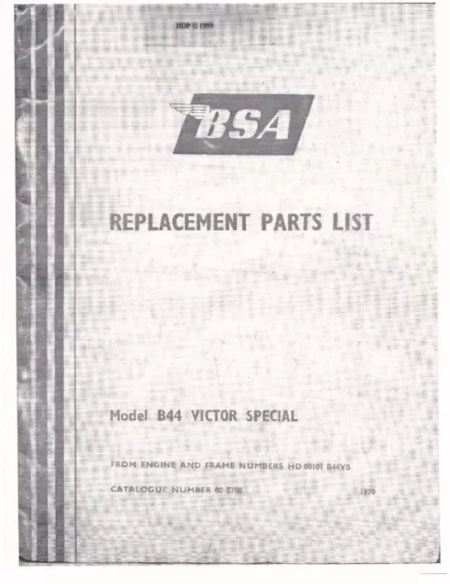 BSA Parts Manual Book 1970 B44 Victor Special