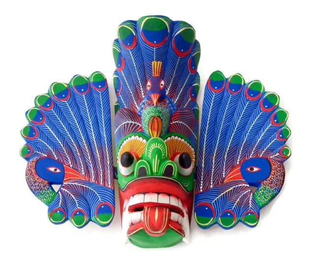 Stunning Sri Lankan Traditional Wooden Peacock Mask 10" Handmade Wall Hang Decor