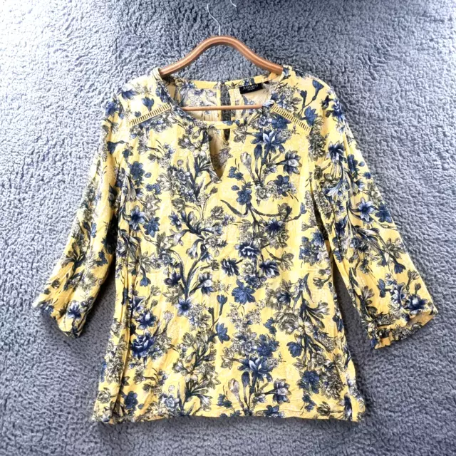 JEANSWEST Womens Blouse Top Size 10 Yellow Blue Floral 3/4 Sleeve Round Neck