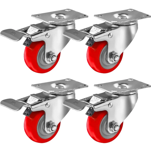 4Pack 3 Inch Caster Heavy Duty Wheels Swivel Plate Red Polyurethane Wheels Brake