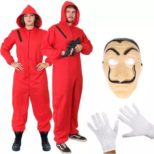 Adult Money Heist Fancy Dress Costume Red Jumpsuit Gloves Mask Halloween