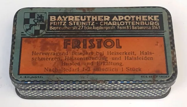 FRISTOL Hustenpastillen, alte Blechdose Bayreuther Apotheke Charlottenburg, 20er
