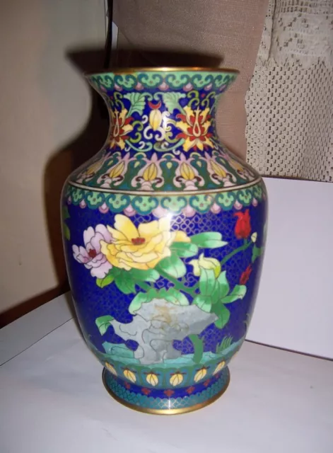 Vintage Cloisonne Vase Birds Flower blossoms branches 9 in 6 wide perfect pretty
