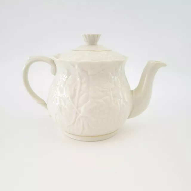 Belleek Pottery Serenity Teapot & Lid, Cream, Embossed Floral, Gold Trim Ireland