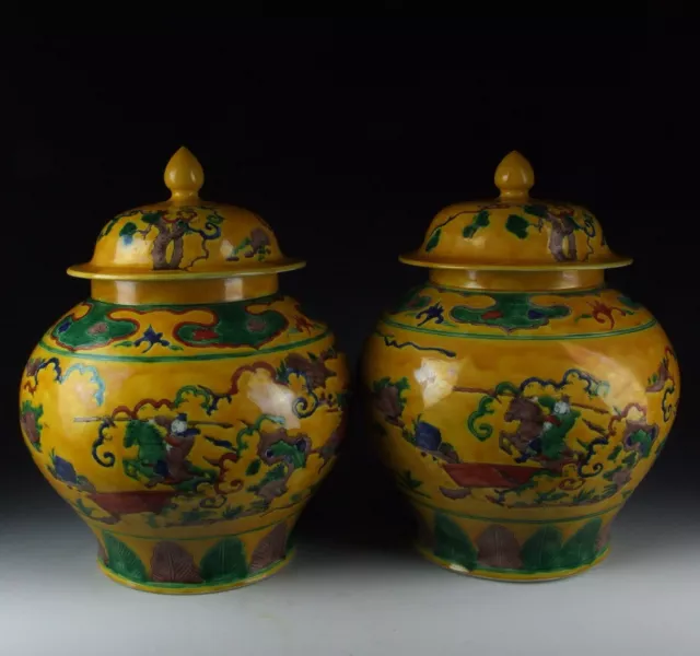 Pair of Chinese Antique Five Colored Yellow Glazed Porcelain Pot