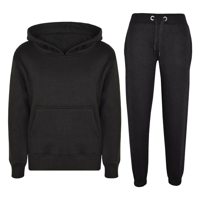 Kids Girls Boys Plain Black Hooded Hoodie Tracksuit Jogging Suit Joggers 5-13 Yr