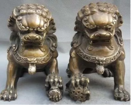 China old Bronze Door Fengshui Guardion Fu Foo Dogs Lion Statue Pair
