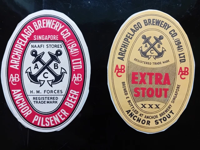 WW2 Beer Labels ARCHIPELAGO BREWERY Co. Singapore 1941  Anchor Stout & Pilsner