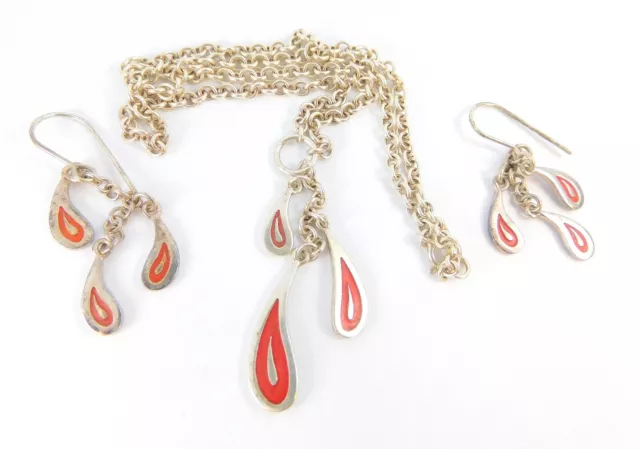 Vintage Silver & Red Enamel MALCOLM GRAY Ortak Necklace and Matching Earrings