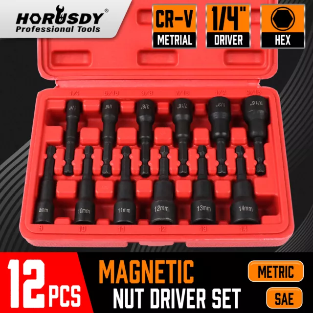 12Pc Magnetic Nut Driver Set Metric & Imperial Socket Drill Bit Adaptor 1/4" Hex