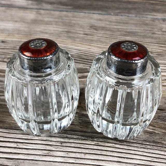 Vintage Meka Denmark Red Enamel Sterling Silver Crystal Salt & Pepper Shakers