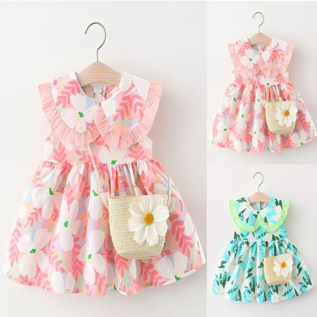 Toddler Baby Kids Girls Peter Pan Collar Ruched Floral Summer Princess Dresses