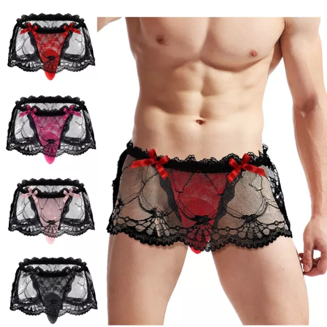 Sexy Mens Lingerie Sheer Lace Bulge Pouch Thongs Open Back Skirted Panties  Lace Briefs Sissy Crossdress Underwear Color: Type A Red, Size: One Size